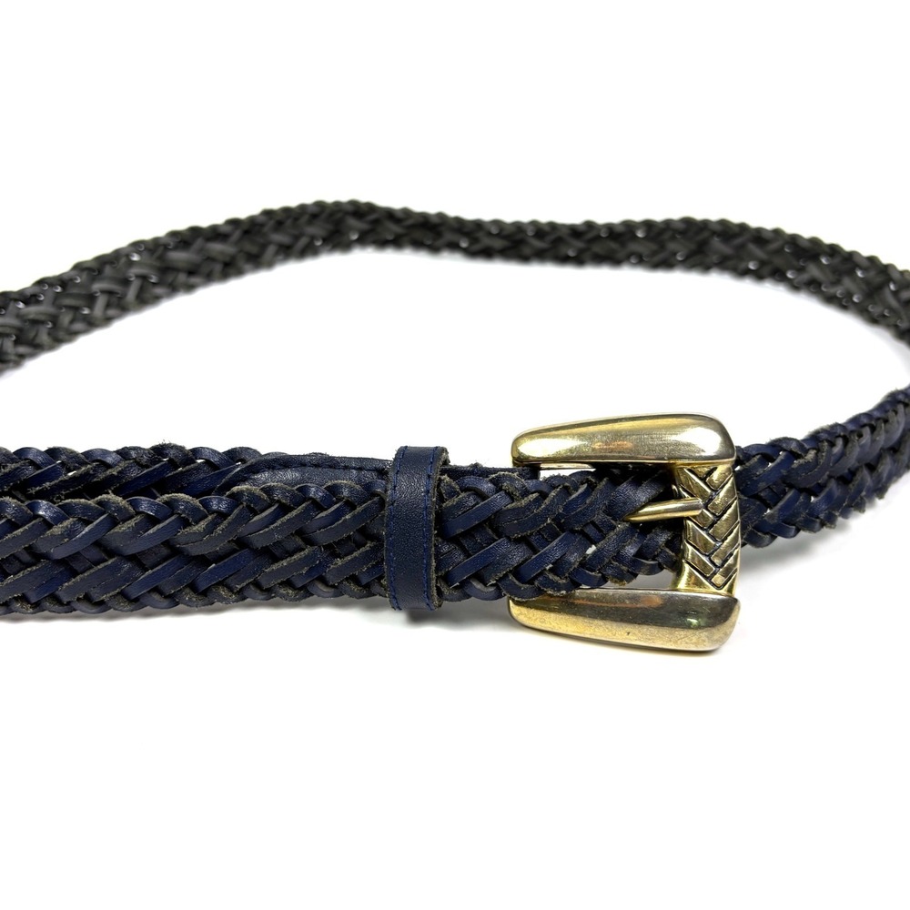 VTG 80s Chic Brand Braided Genuine Leather Belt Womans Sz L Navy Blue Gold Tone